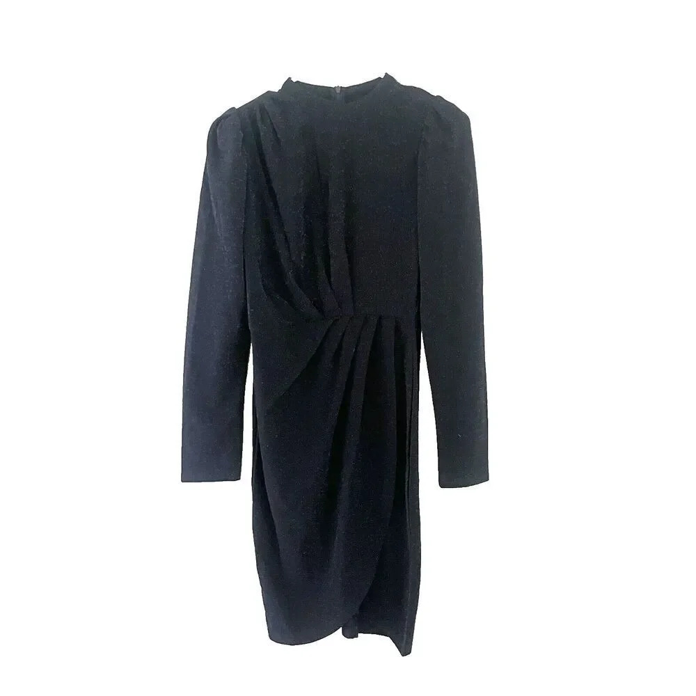 Shein Womens Black Bodycon Dress Medium Pleated Ruched Long Sleeve LBD Sparkly